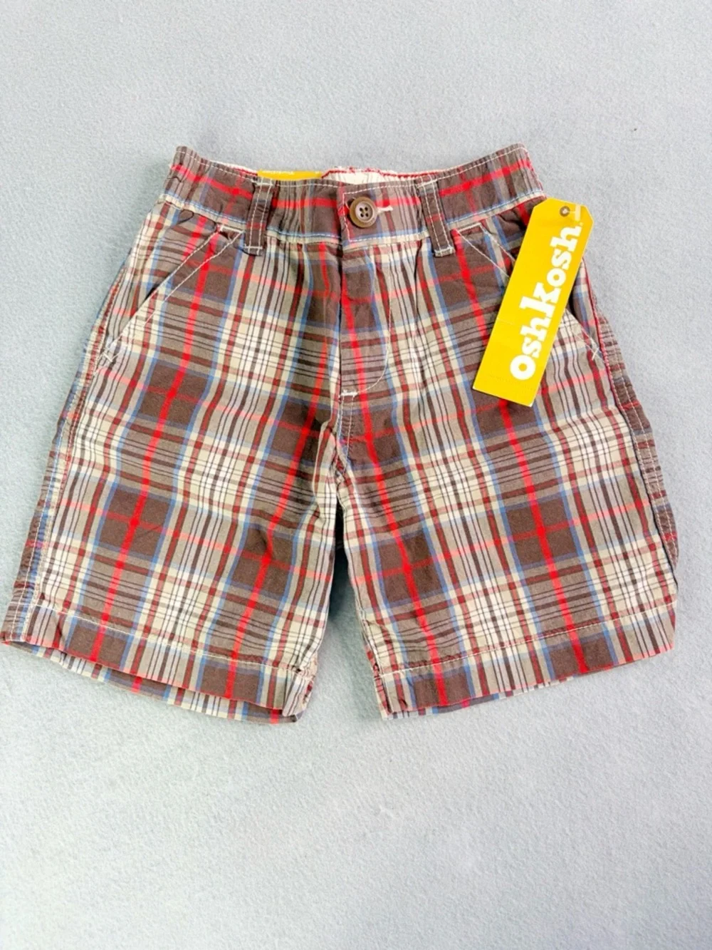 OshKosh Brown Plaid Short Chinos Pants Boys 4T Brown White Red Blue